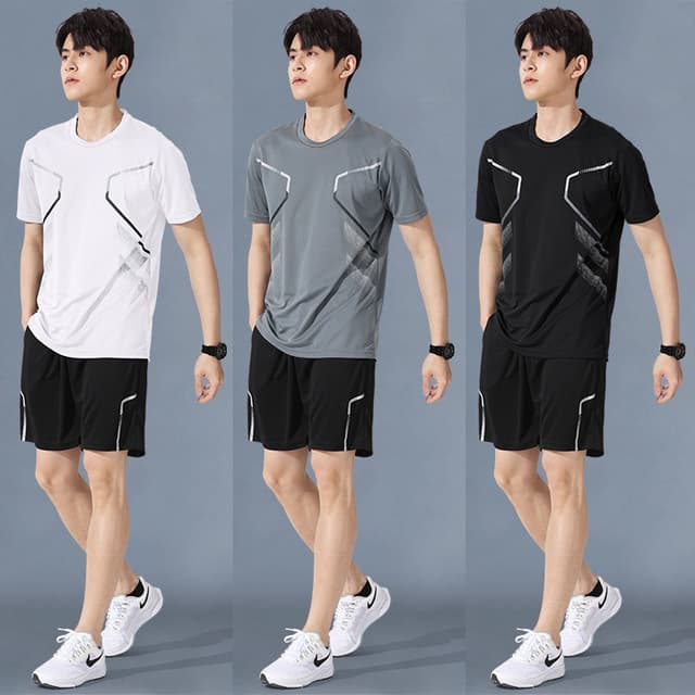 2026 ผู้ชายกีฬาเสื้อยืดและกางเกงขาสั้นชุดแห้งเร็วระบายอากาศฟิตเนสยิมวิ่ง/บาสเกตบอล/แบดมินตันการฝึกอบรม…