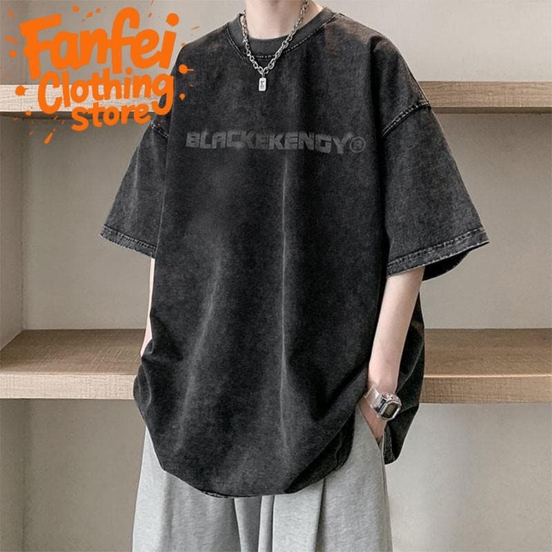 (จัดส่งตลอด 24 ชั่วโมง)Fanfei ผ้าคอตตอน100% เสื้อยืดผ้าฟอก oversize เสื้อคู่ลําลองทรงพิมพ์ล