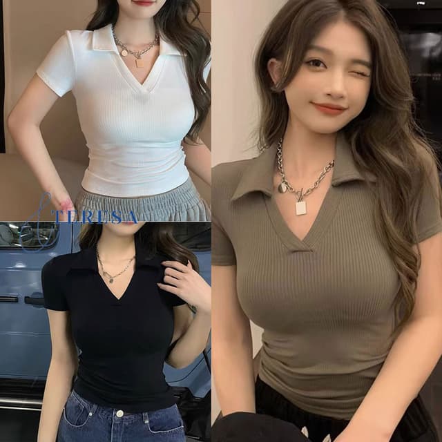 เสื้อยืดแฟชั่นคอวีแขนสั้น รัดรูปใส่แล้วผอม