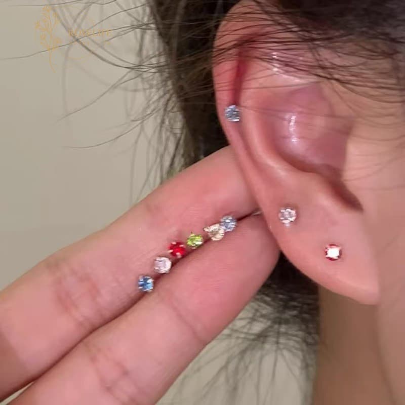 Roselife S925 เงิน Minimalist สีสัน Shining Rainbow คริสตัลต่างหูผู้หญิงมินิแฟชั่น Zircon Pierced…