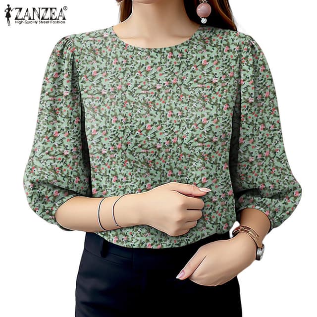 ZANZEA ใส่ ซานเซีย ผู้หญิงวินเทจ โอ-คอสุ่มพิมพ์ปุ่มแขนสามในสี่เสื้อ