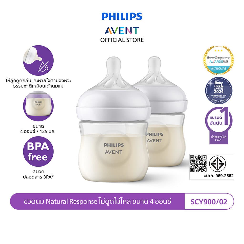 Philips Avent ฟิลิปส์ เอเวนท์ ขวดนม Natural Response ไม่ดูดไม่ไหล ขนาด 4 ออนซ์/125 มล. แพ็คคู่ รุ่น SCY900/02