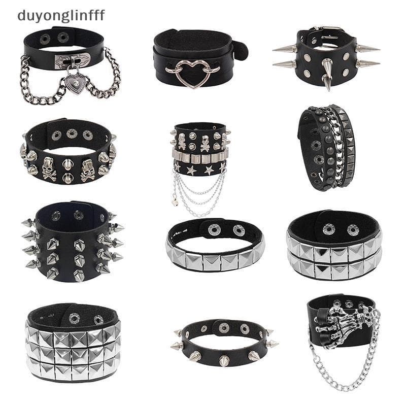 (duyonglinfff) 90s แฟชั่น Punk สไตล์สร้อยข้อมือบุคลิกภาพ PU หนังสามแถว Spikes สร้อยข้อมือสแควร์กําไลข้อมือ…