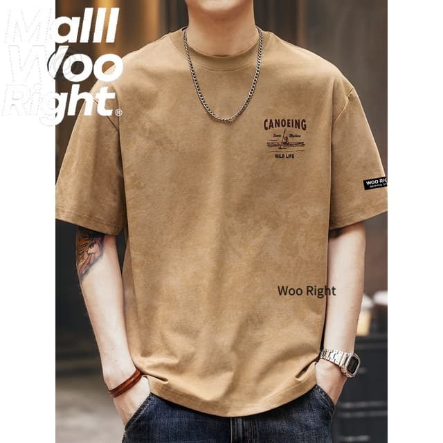 Woo Right 280g เฮฟวี่เวทย้อนยุคเมฆย้อมพิมพ์เสื้อยืดแขนสั้นผู้ชายฤดูร้อนหลวมอินเทรนด์แบรนด์เสื้อยืดครึ่งแขนอเมร…