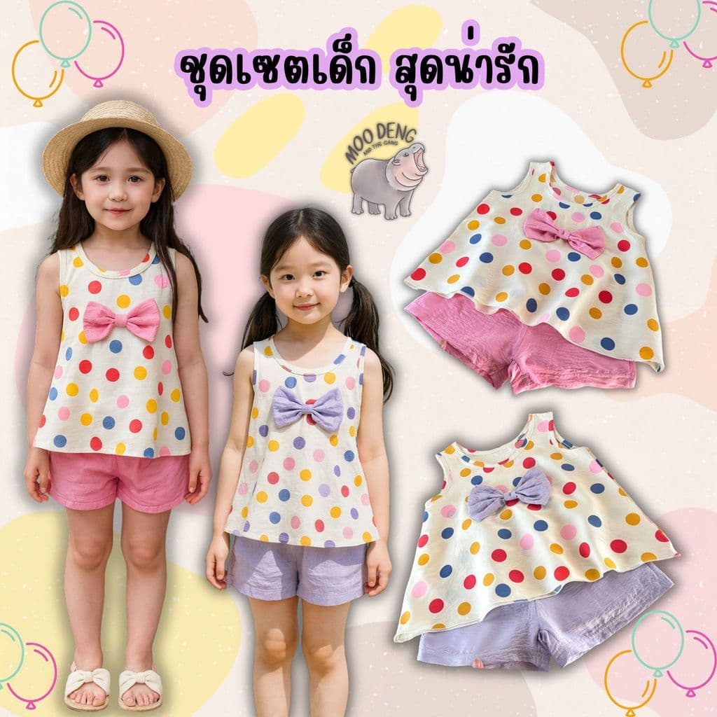Modeng Baby ชุดเซต เสื้อแขนกุด กางเกงขาสั้น ลายจุด สีชมพู สีม่วง โบว์ น่ารัก สําหรับเด็กหญิง