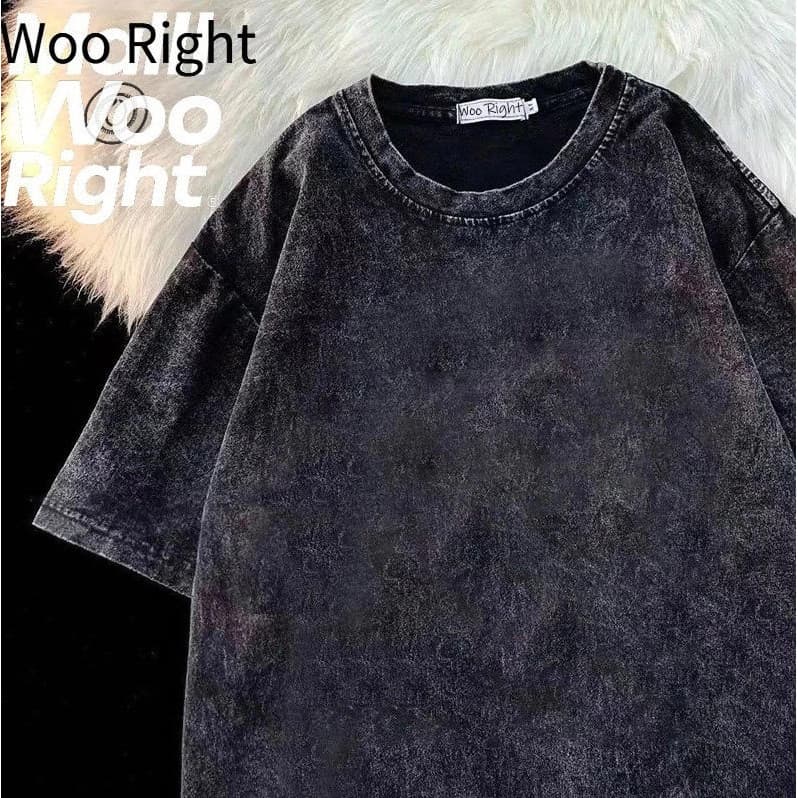 Woo Right เสื้อยืด เสื้อสีฟอก ใส่ได้ทั้งชาย-หญิง เสื้อสีพื้น ใส่สบาย ทรงหลวม oversize สีดํา แฟชั่น 3xl