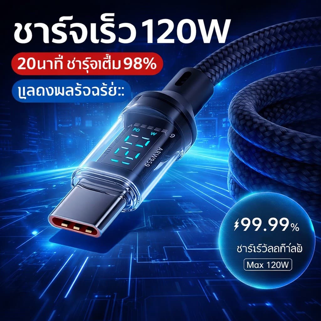 120W สายชาร์จ USB-C to Type C ชาร์จเร็วพิเศษ 6A จอดิจิตอล สายถักทน รองรับ PD ใช้ได้หลายอุปกรณ์ ยาว 1M/2M รูปที่ 1