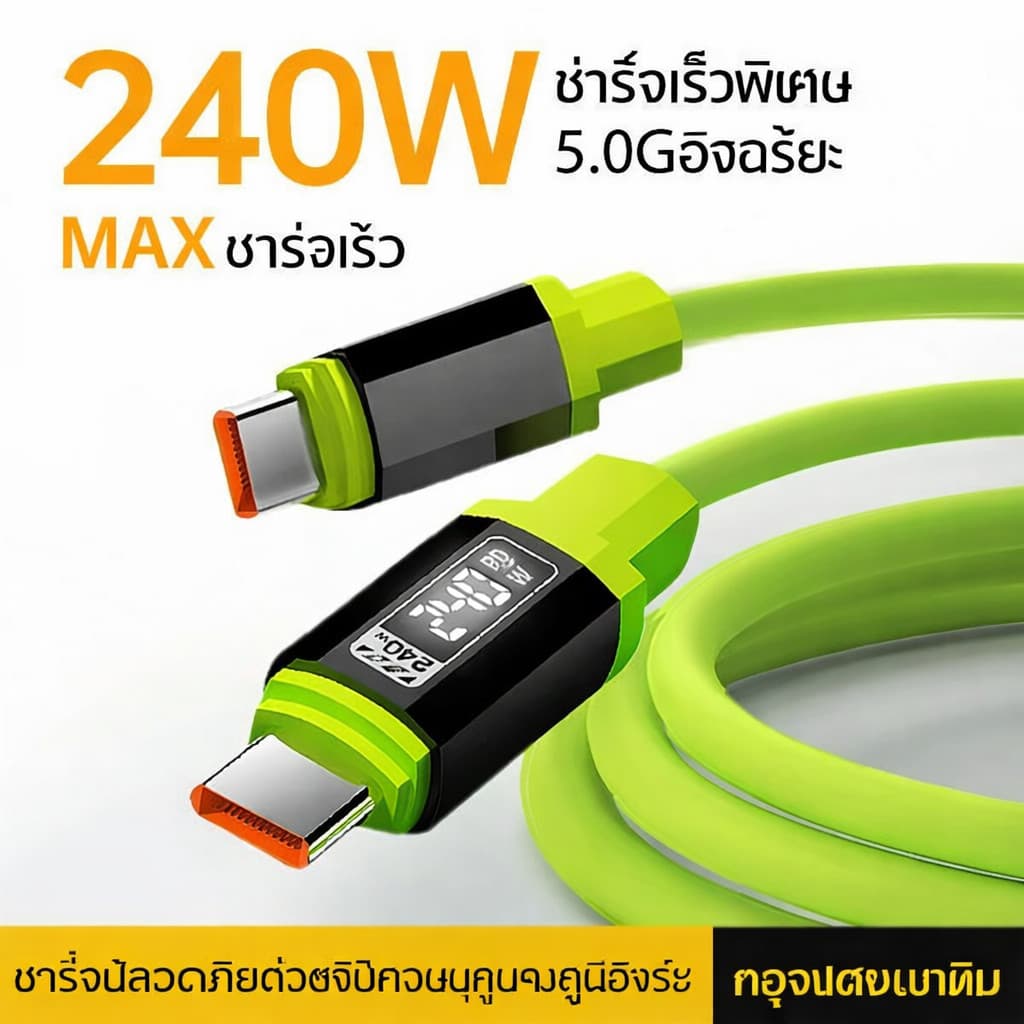 240W สายชาร์จเร็ว PD Super Fast Charge สายซิลิโคนเหลว นุ่มพิเศษ ไม่หักงอ สายชาร์จUSB C to Type C…
