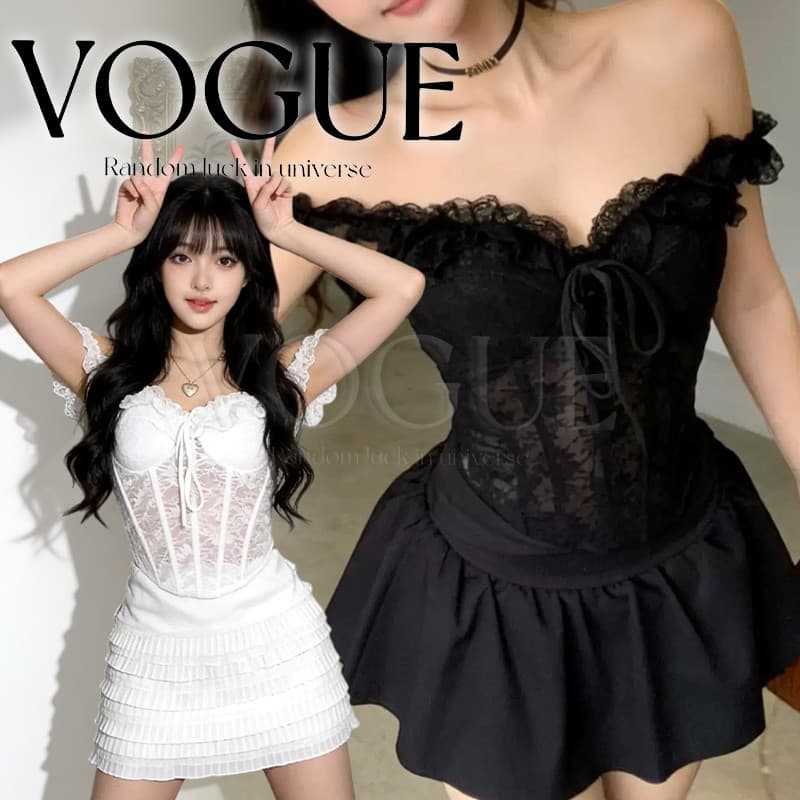 Vogue🌟พร้อมส่ง🌟 เสื้อเปิดไหล่แขนเจ้าหญิง เสริมฟองน้ํา ดีเทลลายลูกไม้สีพื้น (FY5186#1)