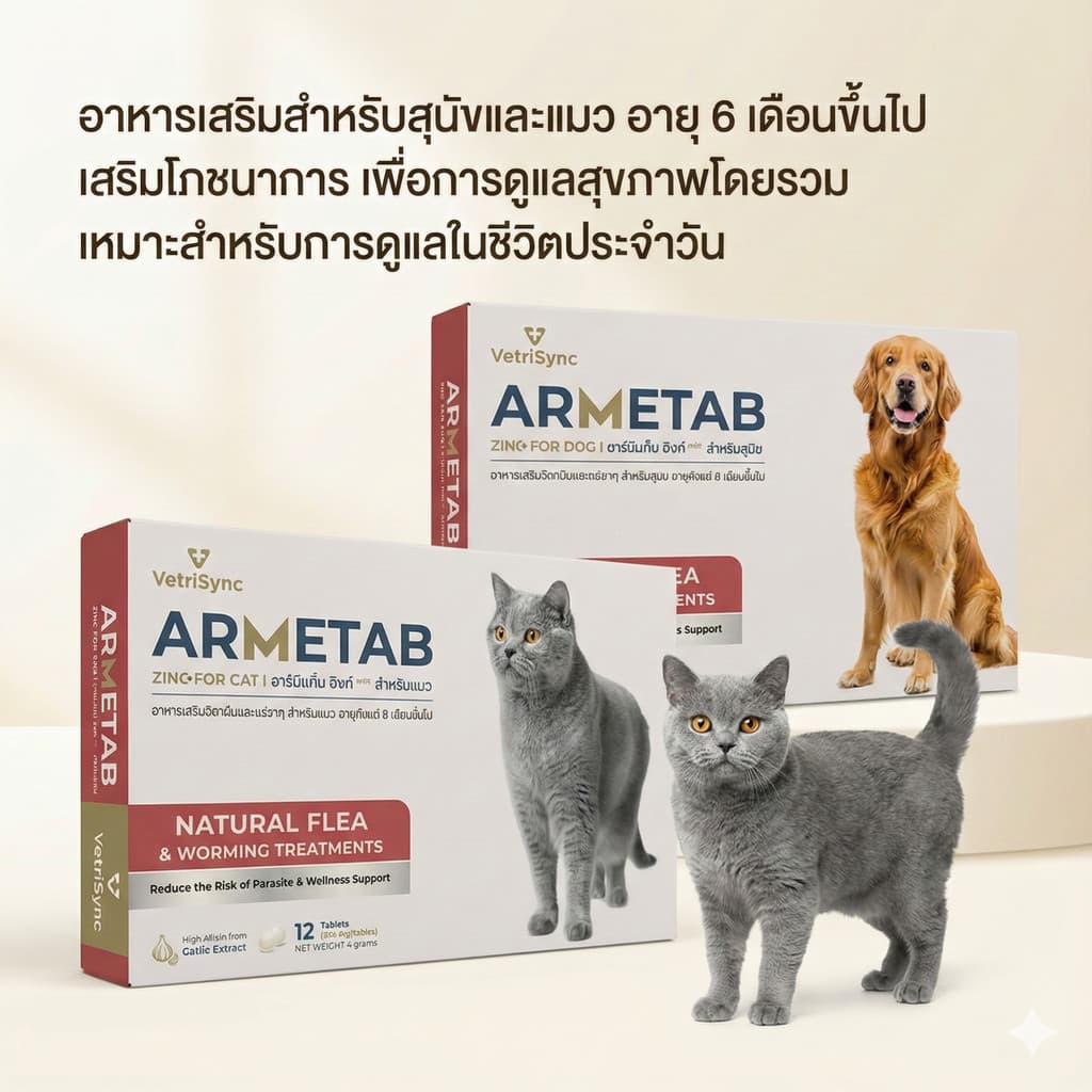 ARMETAB ZINC+ อาร์มีแท็บซิงค์พลัส อาหารเสริมกําจัดเห็บหมัดและพยาธิสําหรับสุนัขและแมว **1กล่องบรรจุ12เม็ด**