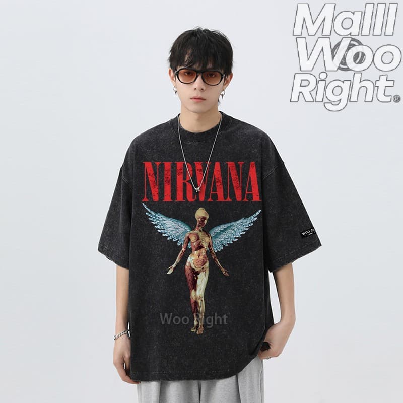(จัดส่งตลอด 24 ชั่วโมง)Woo Right ผ้าฝ้าย100% Nirvana วงดนตรี เสื้อยืดผ้าฟอก oversize ผ้าคอตตอน100%…
