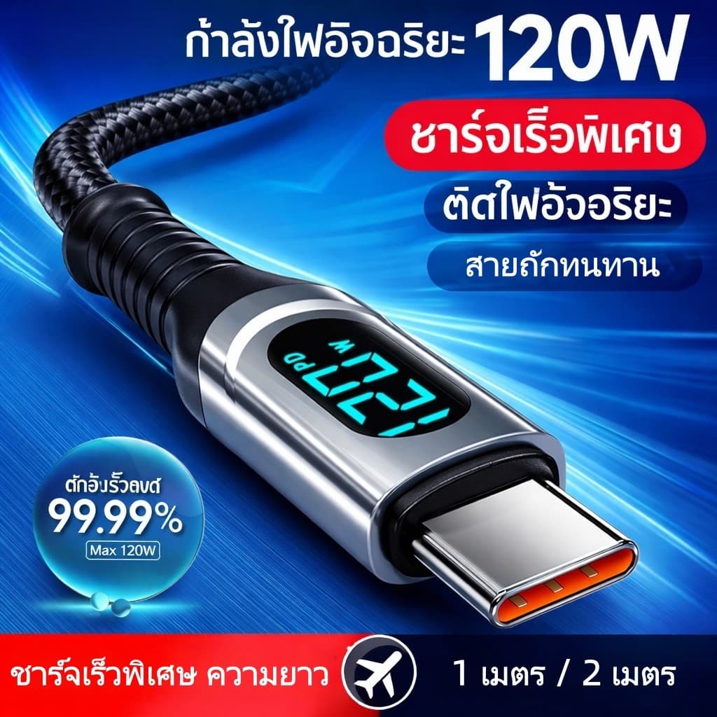 สายชาร์จ Type-C 120W ชาร์จเร็ว สายถักทนทาน พร้อมจอแสดงผลดิจิตอล ใช้สําหรับ IP Huawei Xiaomi OPPO vivo 1ม/2ม