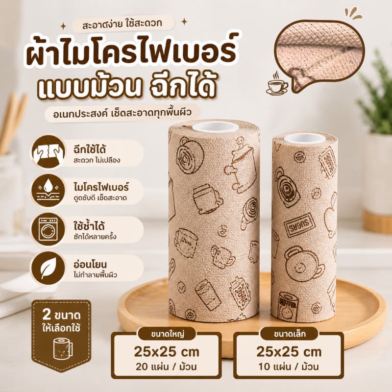 ผ้าไมโครไฟเบอร์ แบบม้วน ฉีกได้ 25x25cm ผ้าทําความสะอาดแบบม้วน เช็ดครัวเช็ดบ้าน อเนกประสงค์