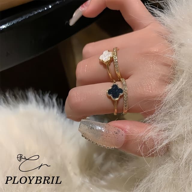 PLOYBRIL COD💖แหวนเปิดนิ้วรูปดอกโคลเวอร์สี่แฉกสองชั้นสําหรับผู้หญิง แหวนนิ้วชี้อเนกประสงค์หรูหรา J038