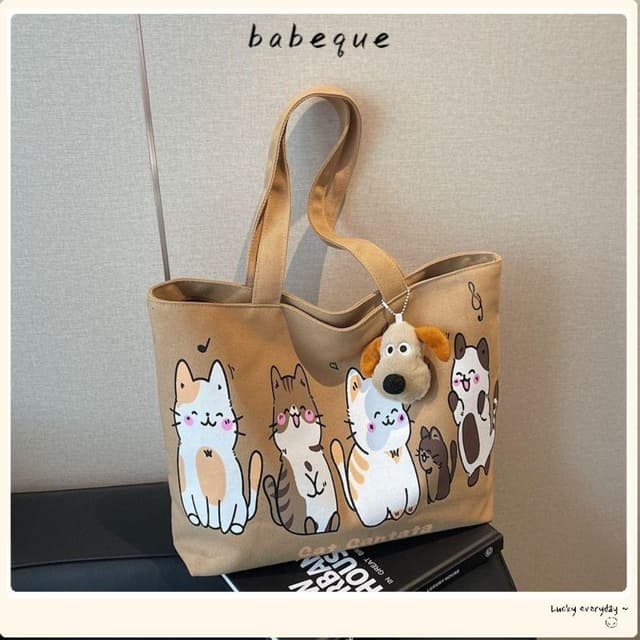 BABEQUE กระเป๋าสะพายไหล่อเนกประสงค์สําหรับผู้หญิง,กระเป๋าผ้าใบการ์ตูนแมวความจุขนาดใหญ่,ของขวัญReusable…