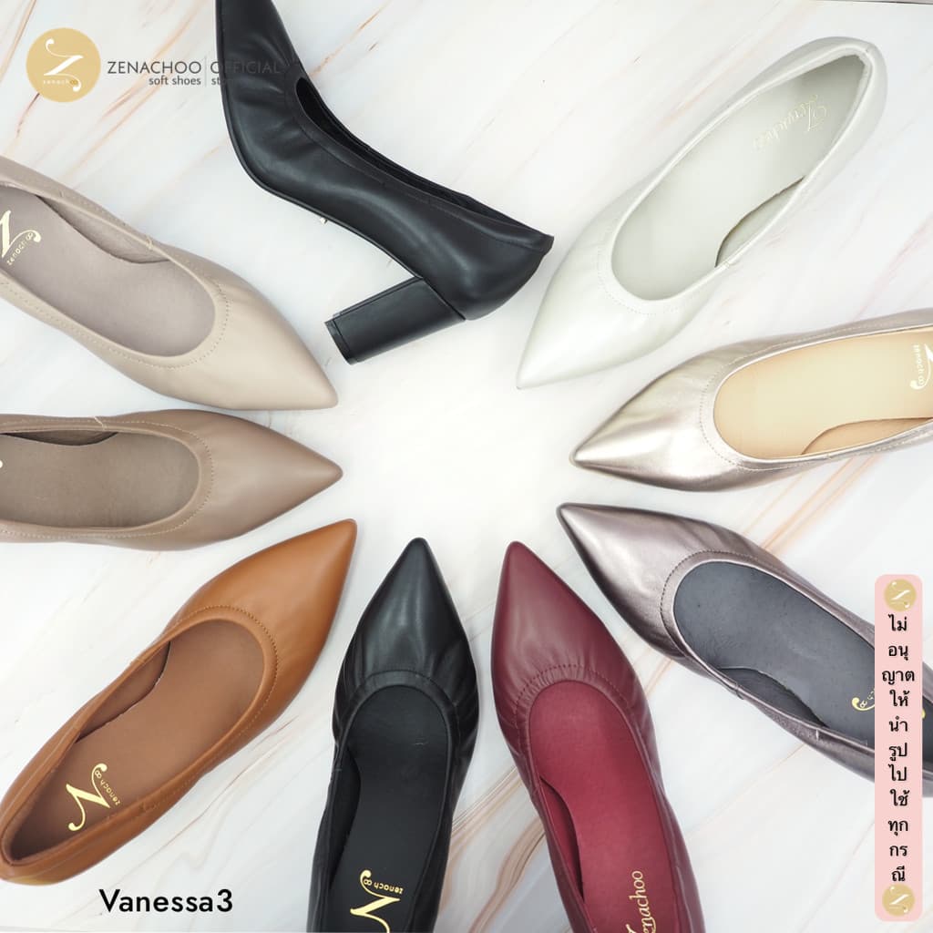 เปลี่ยนไซส์ได้ ไม่รับคืนทรงปกติ หน้าเท้ากว้างเพิ่ม 1 ไซส์ Zenachoo Vanessa3 สูง 3 นิ้ว หนังแกะแท้ หัวแหลม