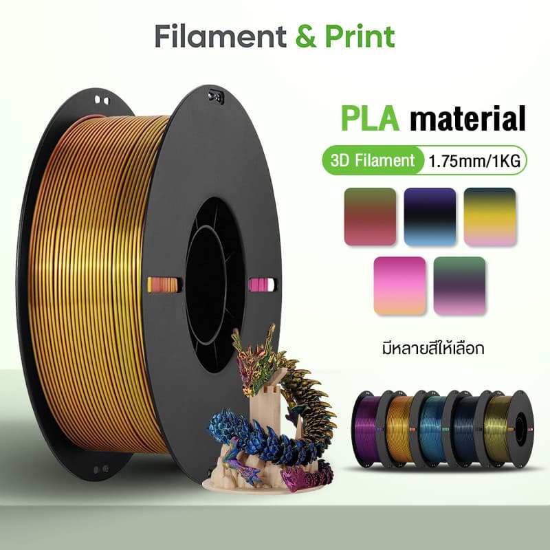 Print Space PLA Silk 3D Filament ความเหนียวสูง 5 เท่า 1.75mm High-Speed 1KG ไม่หักง่าย เงางามดุจแพร สามสี…