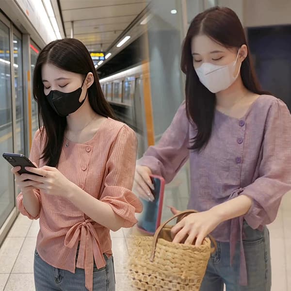 Red Berry เสื้อเชิ้ตแขนยาวลายทางไม่สมมาตรสําหรับผู้หญิง ผูกปม สไตล์ฤดูใบไม้ร่วง 99405