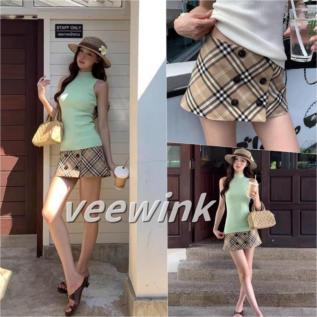 Veewink Mini skirt กระโปรงสั้นลายสก็อต การตกแต่งด้วยกระดุม ซิปข้าง กระดุม มีซับใน เอวสูง ใส่แล้วเรียว…