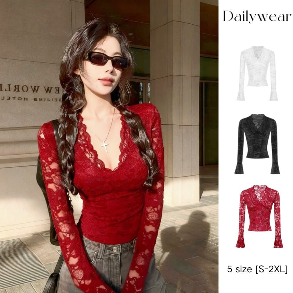 Dailywear พร้อมส่ง เสื้อผู้หญิงสไตล์เซ็กซี่ โครเวตลูกไม้หวานๆ แซ่บๆ คอวีแขนยาว หรูหรามีเอกลักษณ์…