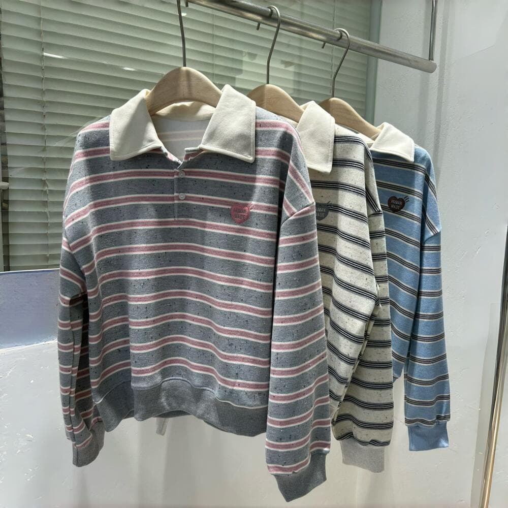 TAYCEN M-2XL Sweatshirts เสื้อสเวตเตอร์ การปัก ลายทาง คอแบบมีปกเสื้อ โอเวอร์ไซส์ ผู้หญิง