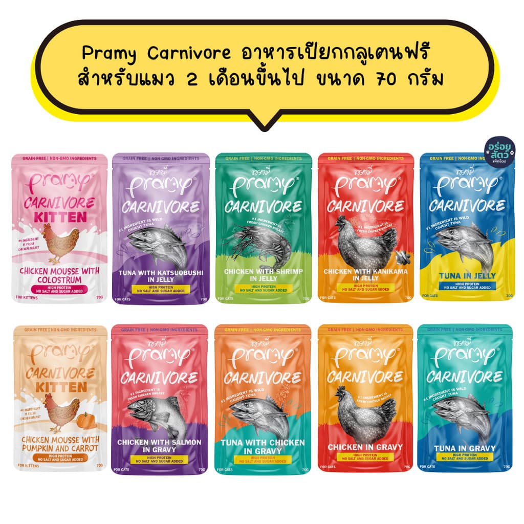 (ยกโหล 12 ซอง) Pramy Carnivore อาหารเปียกกลูเตนฟรี สําหรับแมว 2 เดือนขึ้นไป ขนาด 70 กรัม รูปที่ 1