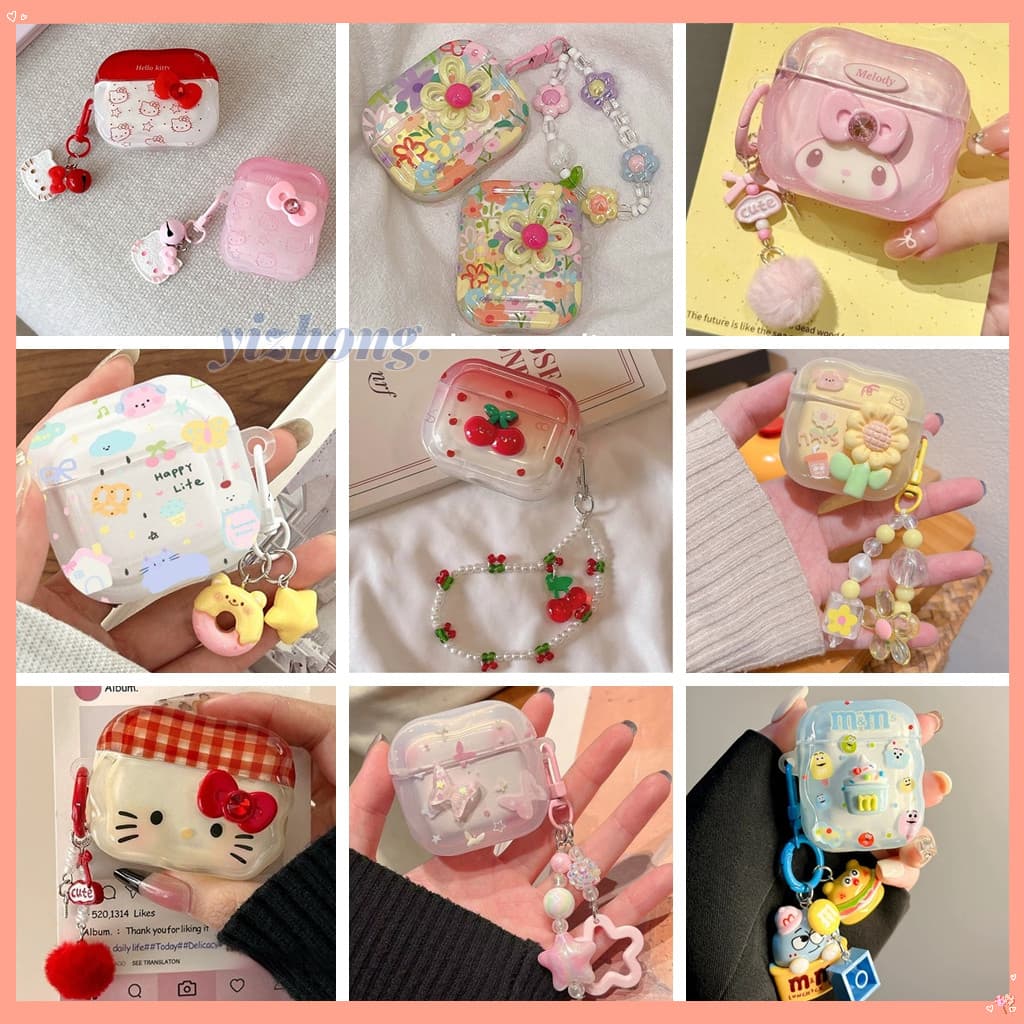 หูฟังสําหรับ Airpods 5 4 Pro 3 2 1 Girly Sweet Cherry Hello Kitty Melody ผีเสื้อดอกไม้สีสันสดใส Soft TPU… รูปที่ 1
