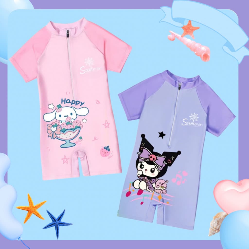 🪐พร้อมส่งด่วน🪐ชุดว่ายน้ําแขนยาวเด็ก ป้องกันแสงแดด วัสดุแห้งเร็ว ลายพิมพ์ Kawaii Melo Kuku…