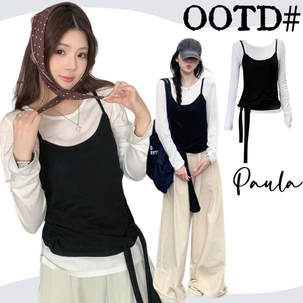 Paula พร้อมส่ง🌴เสื้อยืแขนยาวผู้หญิง🌴เสื้อ2ชิ้นติดกับดีไซน์โปว์ผูกเอว เสื้อครอปทรงเข้ารูป สีดํา คอกลม ลําลอง… รูปที่ 1