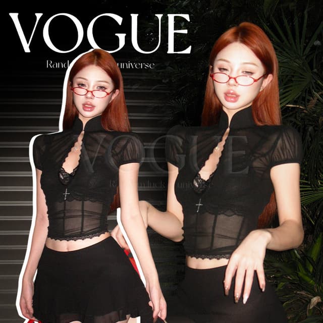 Vogue🌟พร้อมส่ง🌟 เสื้อยืดครอปแขนสั้น ดีเทลเว้าหลังอยู่ ผ้าซีทรู เหมาะกับสาวเซ็กซี่ (FY5072)