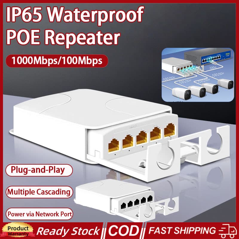 (COD) 5 พอร์ตกันน้ํา POE Extender 4 พอร์ต Repeater 100/1000Mbps เครือข่ายกลางแจ้ง IP55 VLAN 44-57V…