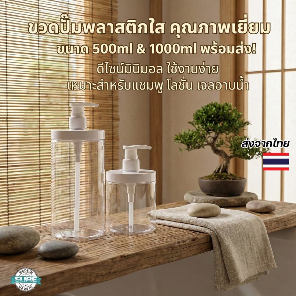 ขวดพลาสติกใสปั๊มแบบกด ขนาด 500ml และ 1000ml ใช้ใส่สบู่ เจลล้างมือ แชมพูได้