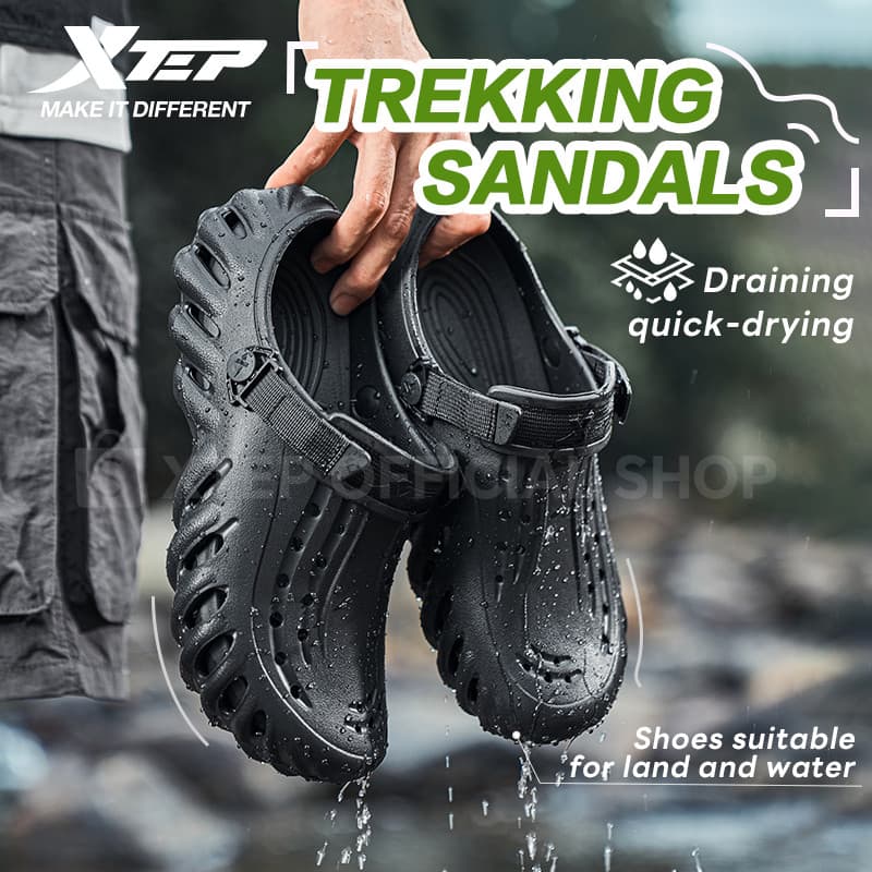XTEP | Double Density Mens EVA Sandals Anti-slip น้ําหนักเบาสวมใส่ด้านนอกรองเท้าแตะกลวง Softer Breathable