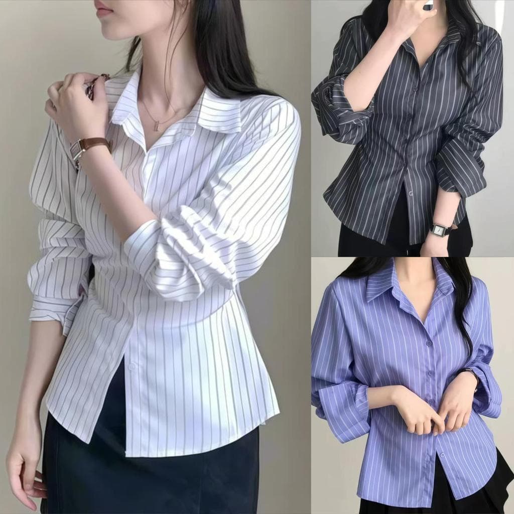 Chili Koko เสื้อเชิ้ตผู้หญิง ลายทาง ทรงสลิมฟิต กระดุมเอว กระชับสัดส่วน แขนยาว คอปก ข้อมือปรับได้ 99301