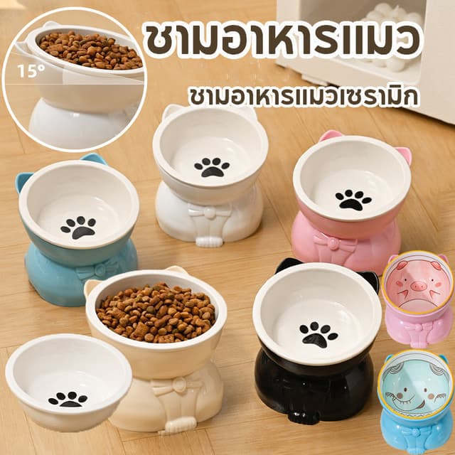 ชามอาหารแมวเซรามิก ชามน้ําแมว ชามอาหารแมว แบบเอียง สําหรับสัตว์เลี้ยง สุนัข แมว ชามแมวยกสูง