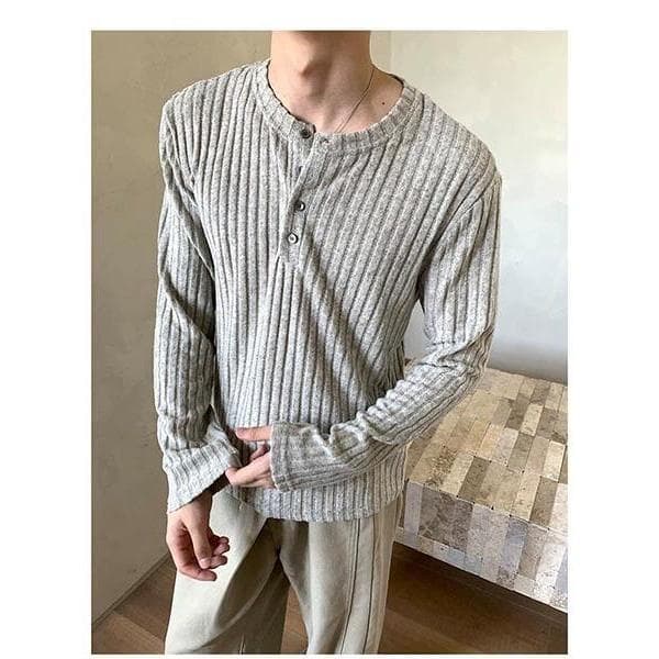 MNO.9 Henley Shirt T13 เสื้อยืดแขนยาว ผ้าไหมพรม เสื้อสเวดเตอร์ คอHenley วินเทจ รูปที่ 1