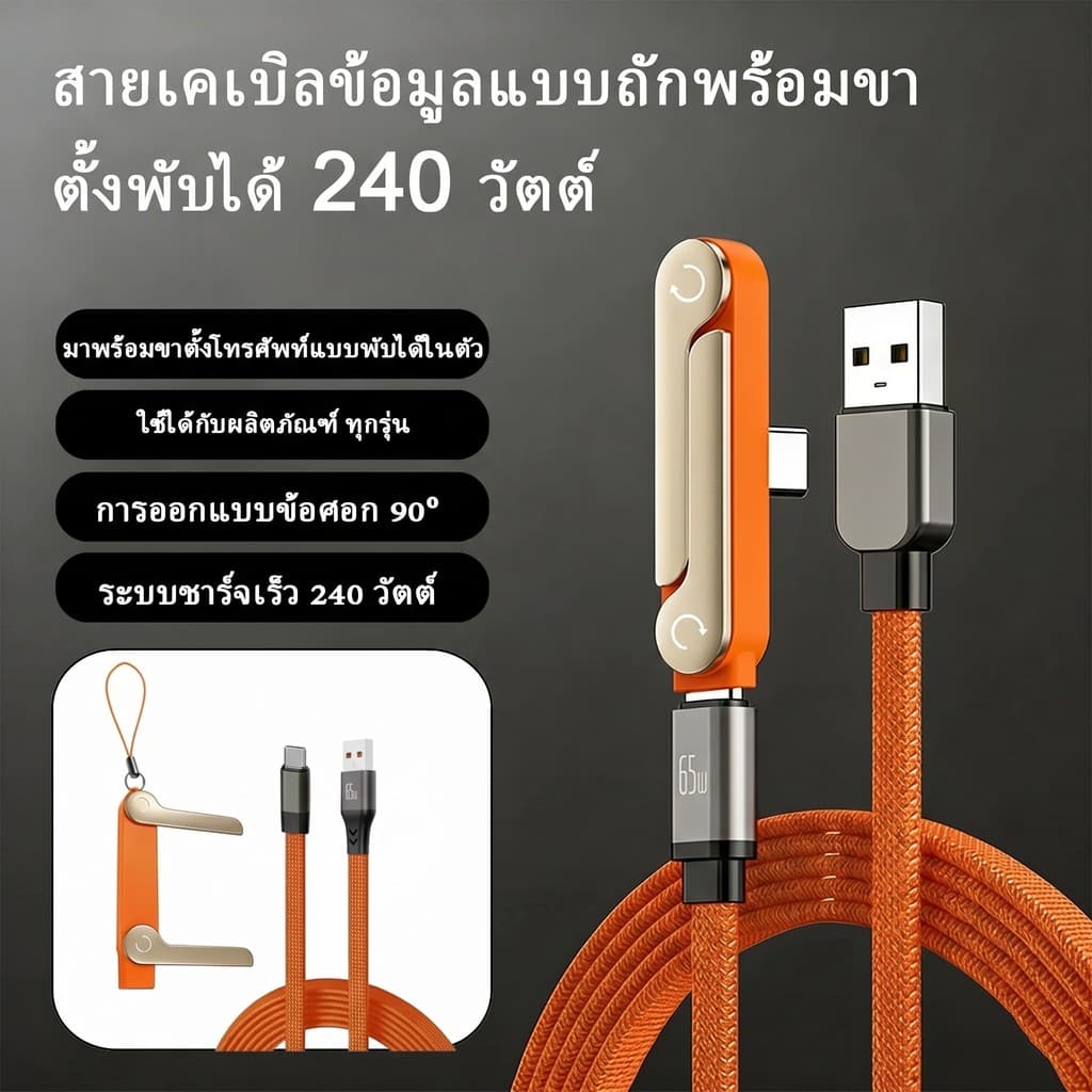 สายชาร์จ 240W Type C to C สายถัก หัวงอ 90 องศา ขาตั้งในตัว ชาร์จเร็วพิเศษ สําหรับแท็บเล็ต แล็ปท็อป