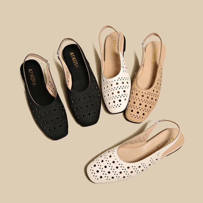 ผู้หญิง Slingback รองเท้าแตะแบนสแควร์ Toe Hollow Breathable ปรับสาย Anti Slip Soft Sole Casual Daily Office… รูปที่ 1