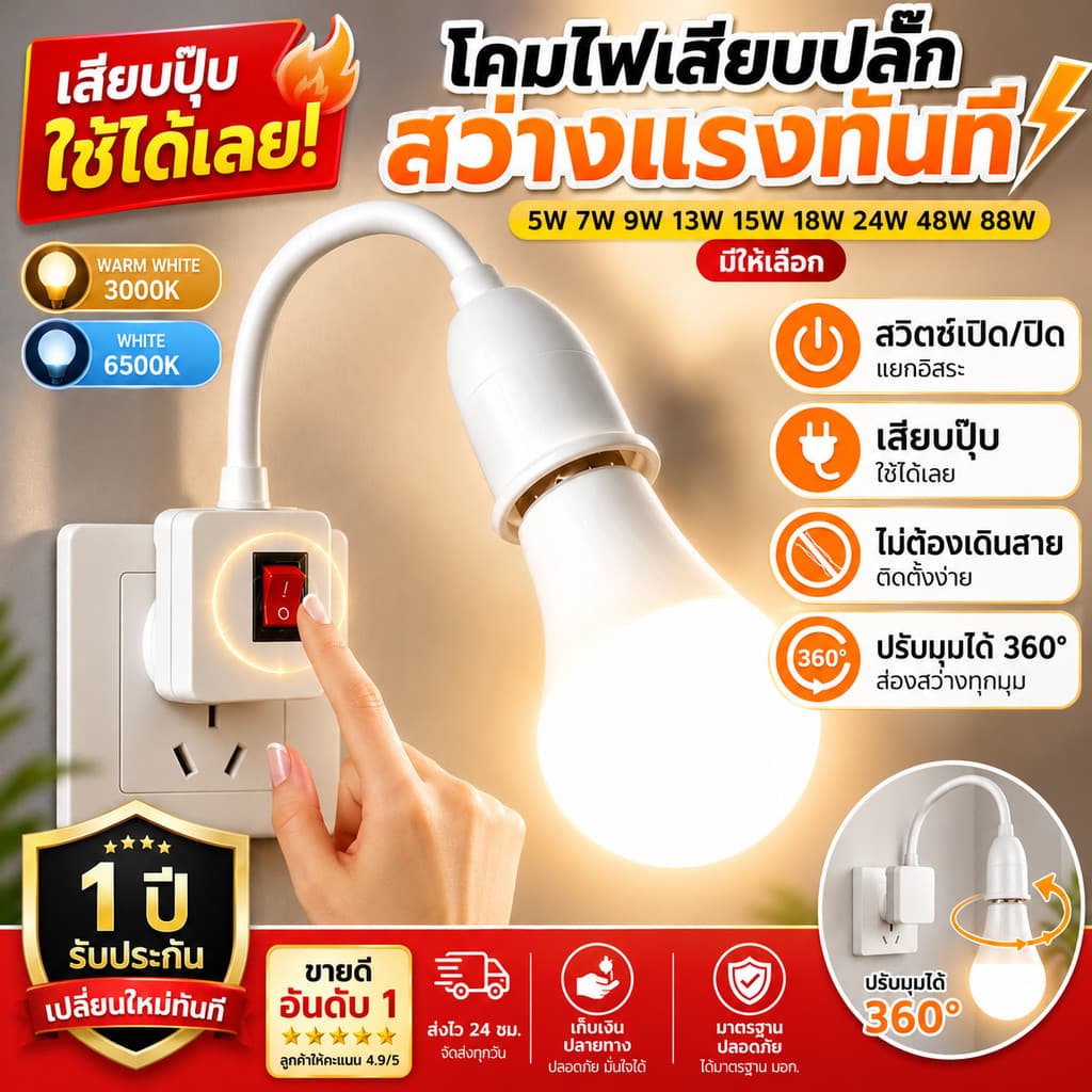 โคมไฟกลางคืน LED หมุนได้ 360° หลอดไฟ LED ประหยัดไฟแบบวอร์ม/สีขาว โคมไฟข้างเตียง โคมไฟติดผนัง สวิตซ์ปลั๊ก…