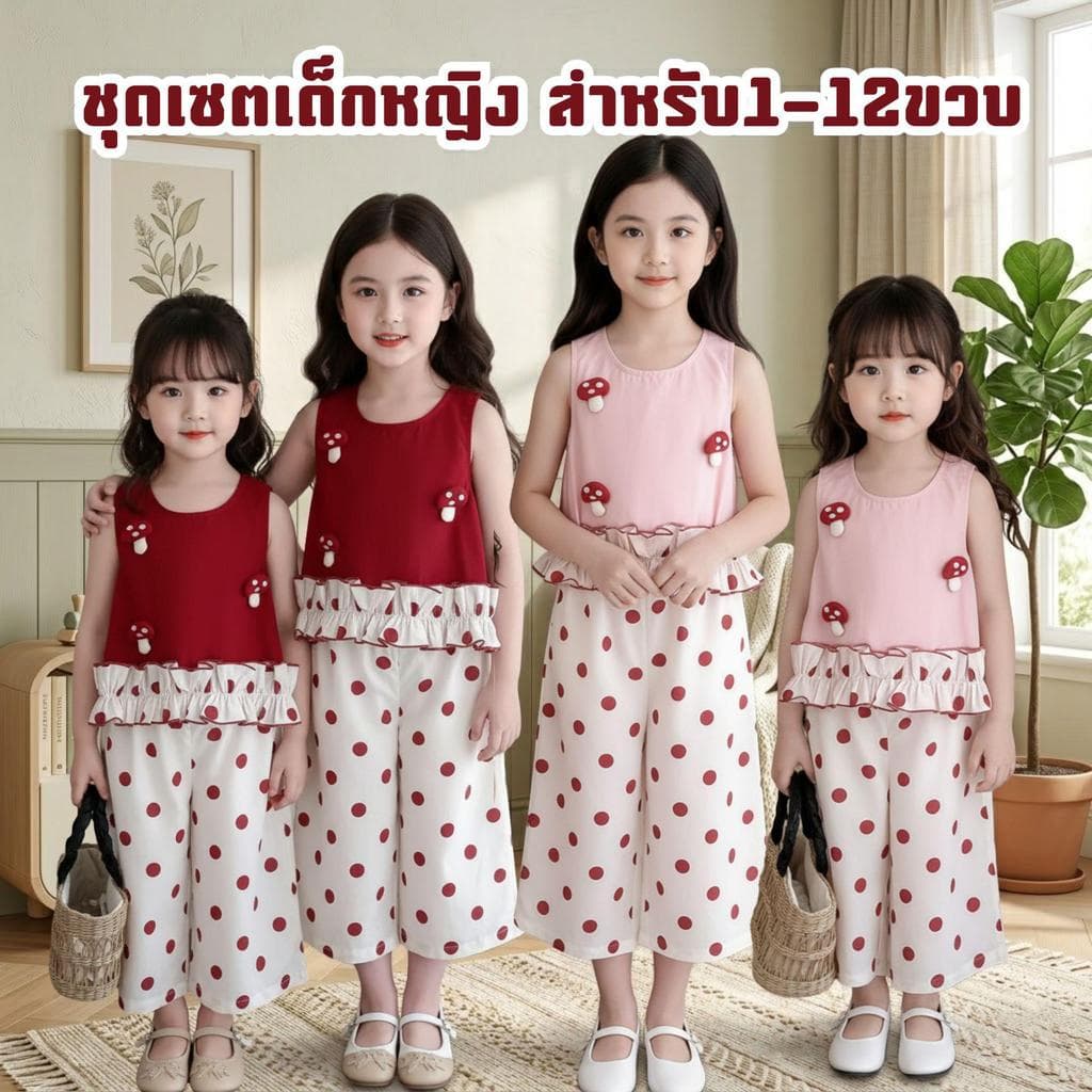 MooDeng Baby ชุดเซตเด็กหญิง สําหรับ1-12ขวบ เสื้อแดง เสื้อชมพู กางเกงครีมลายจุดแดง ติดเห็ด น่ารัก ผ้าโพลี่…