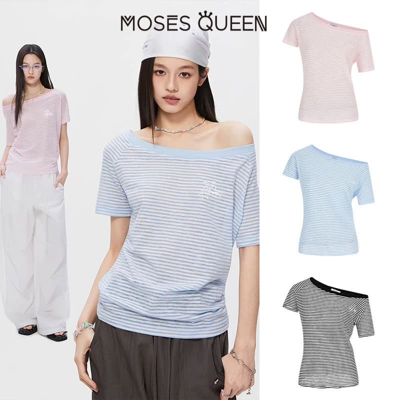 MOSESQUEEN มอสเนสควีน เสื้อยืดแขนสั้นฤดูร้อนสไตล์อ่อนของผู้หญิงลายทางคอวีลําลองและเรียบง่ายไหล่เดียวเสื้อแขนกุ…