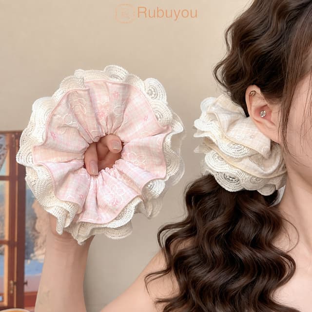 Rubuyou ยางรัดผมลูกไม้ลายตารางหมากรุก สไตล์เกาหลี ความยืดหยุ่นสูง ห่วงผมของ สําหรับผู้หญิง…