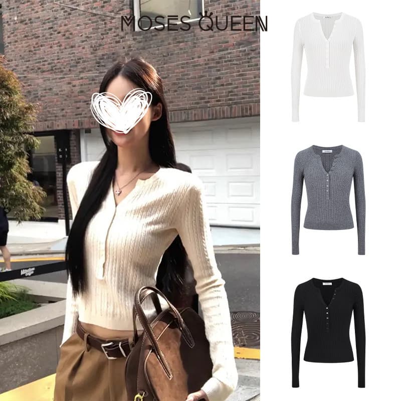 MOESSQUEEN มอสส์ ราชินีคอวีซิปถักเสื้อกันหนาว สไตล์เรียบง่ายแบบเกาหลี เนื้อบางเบา ทนทาน…