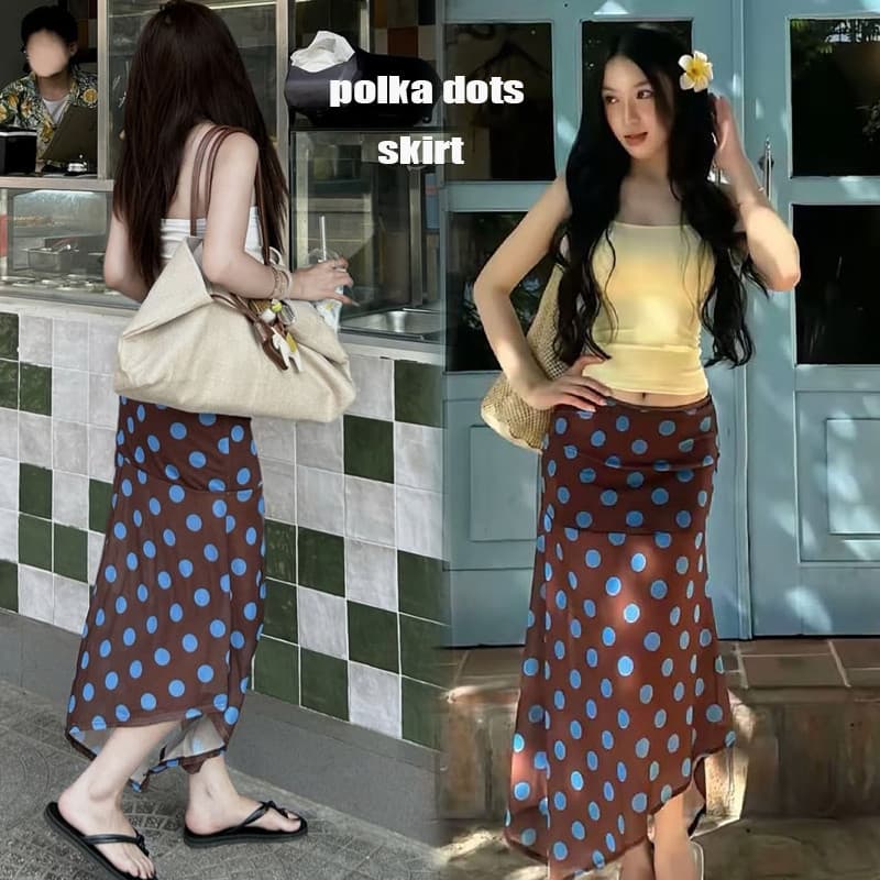 Dahong 99410 แฟชั่นผู้หญิงใหม่ Contrast สี Polka Dots ไม่สม่ําเสมอตาข่ายดูผ่านกระโปรงยาว สวย ใส่แล้วเข้ารูป…