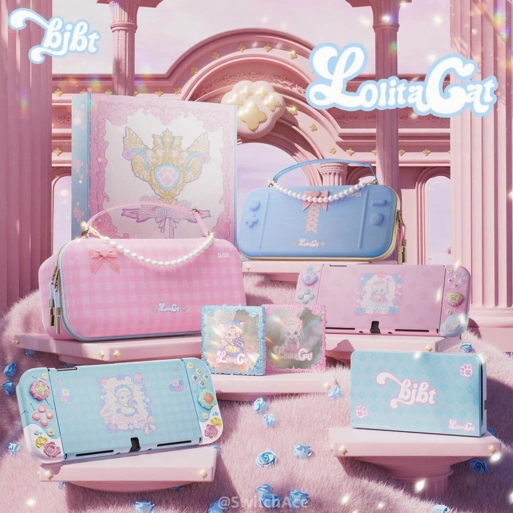 น่ารัก Lolita Cat Series สีชมพูป้องกันกรณีสําหรับ Nintendo Switch 2/1/OLED เปรียบเทียบ 4 ชิ้น Rocekr Caps… รูปที่ 1