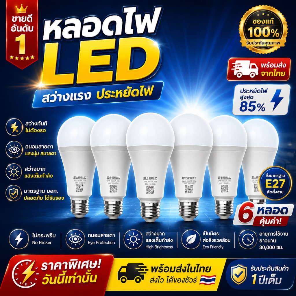 หลอดไฟ LED ขั้ว E27 หลอดประหยัดไฟ5W/7W/9W/12W/15W แสงวอร์ม/แสงขาว ถนอมสายตา 15000ชม ใช้ไฟฟ้า220V