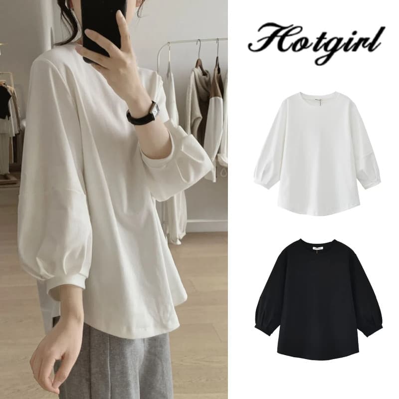 Hotgirl พร้อมส่ง เสื้อยืดแขนยาวผู้หญิงสไตล์เกาหลี คอกลม การออกแบบแขนทรงบอลลูน ลําลองทรงหลวม รูปที่ 1