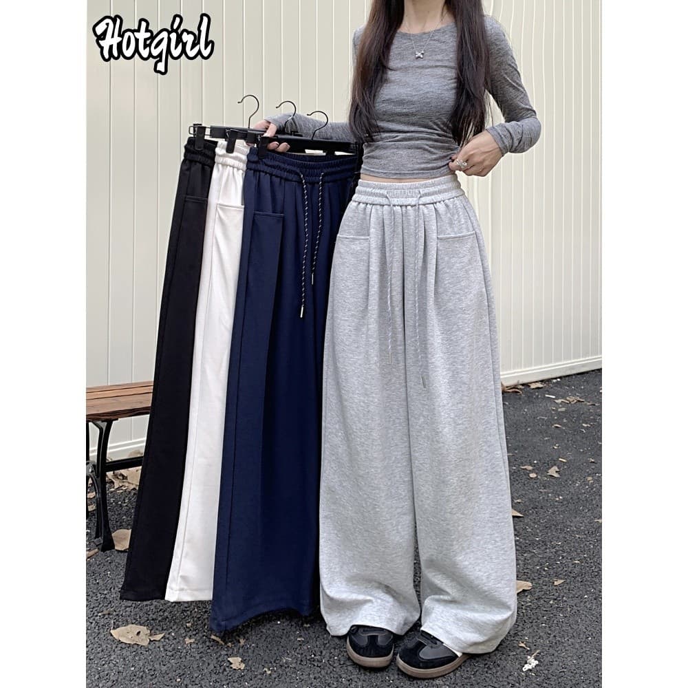 Hotgirl พร้อมส่ง กางเกงวอร์มผู้หญิง กางเกงขายาว ใส่แล้วดูผอม รุ่นสูง ขากว้างทรงตรง สีพื้น ดีไซน์เชือกรูด