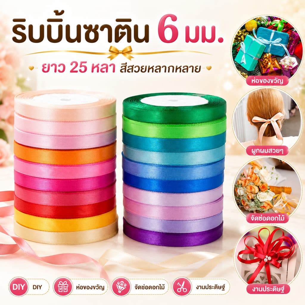 🎀 ริบบิ้นซาติน 6 มม. 25 หลา สีสวยหลากหลาย งานตกแต่ง DIY พร้อมส่ง