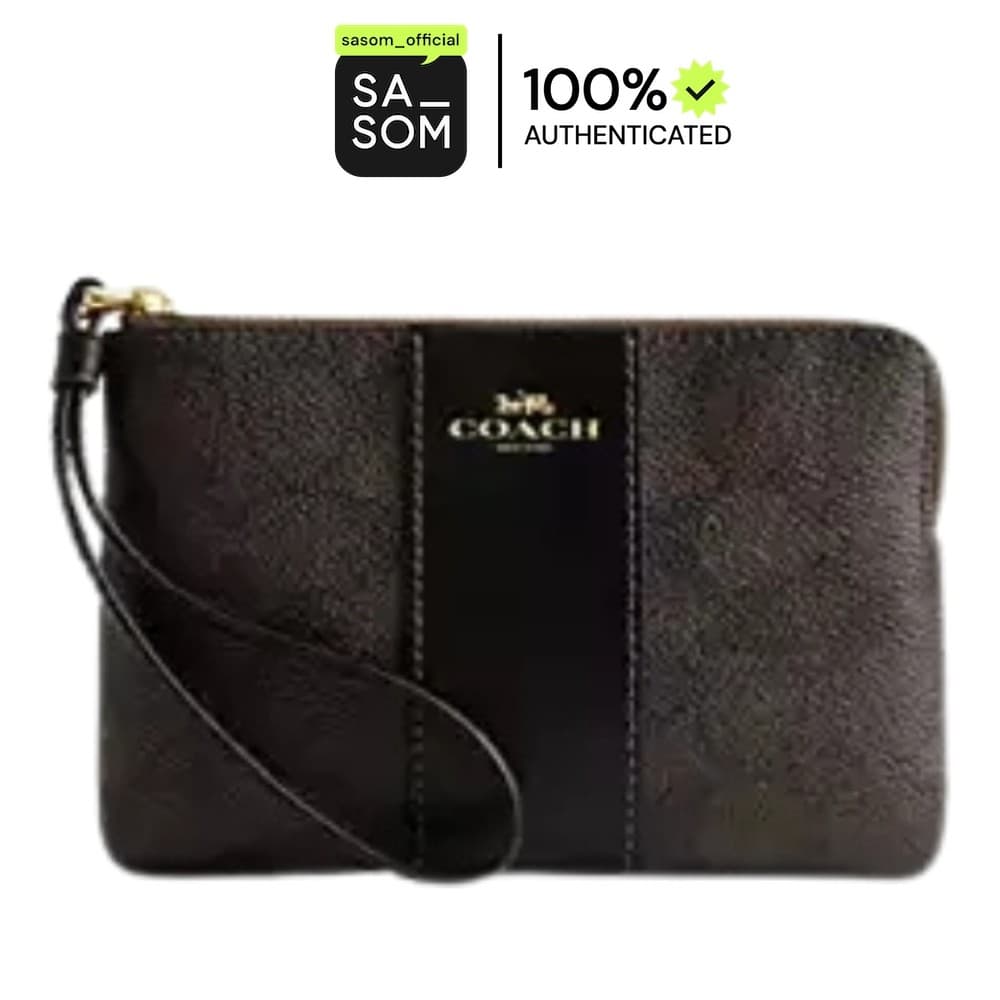 Coach Corner Zip Wristlet In Signature Canvas Walnut Black | ของแท้ ตรวจสอบโดย SASOM